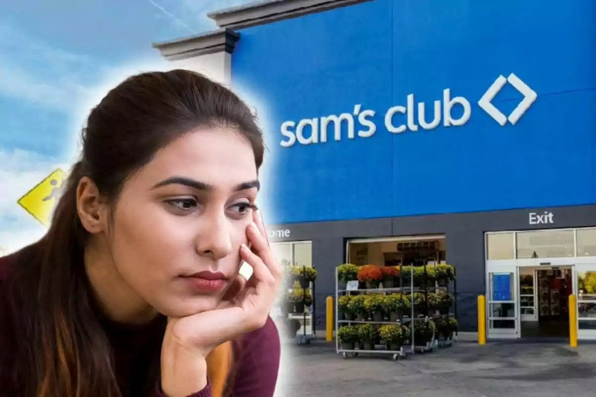 A thoughtful woman with her hand on her face is superimposed in front of the entrance of a Sam's Club store.