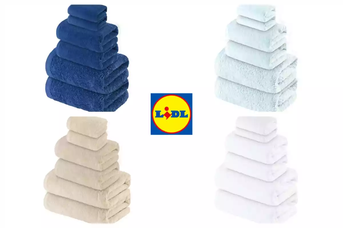 Quatre piles de tovalloles de diferents colors (blau, cel, beix i blanc) envolten el logotip de Lidl al centre. Quatre piles de tovalloles de diferents colors (blau, cel, beix i blanc) envolten el logotip de Lidl al centre.