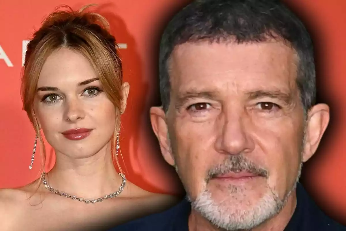 Close-up photo montage of Antonio Banderas and Stella del Carmen, both with serious expressions.