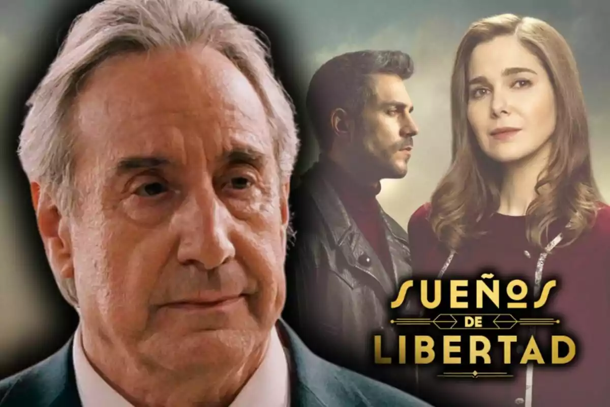 Muntatge de fotos de Juanjo Puigcorbé en primer pla i dues persones al fons, amb el logotip de la sèrie d'Atresmedia "Sueños de Libertad".