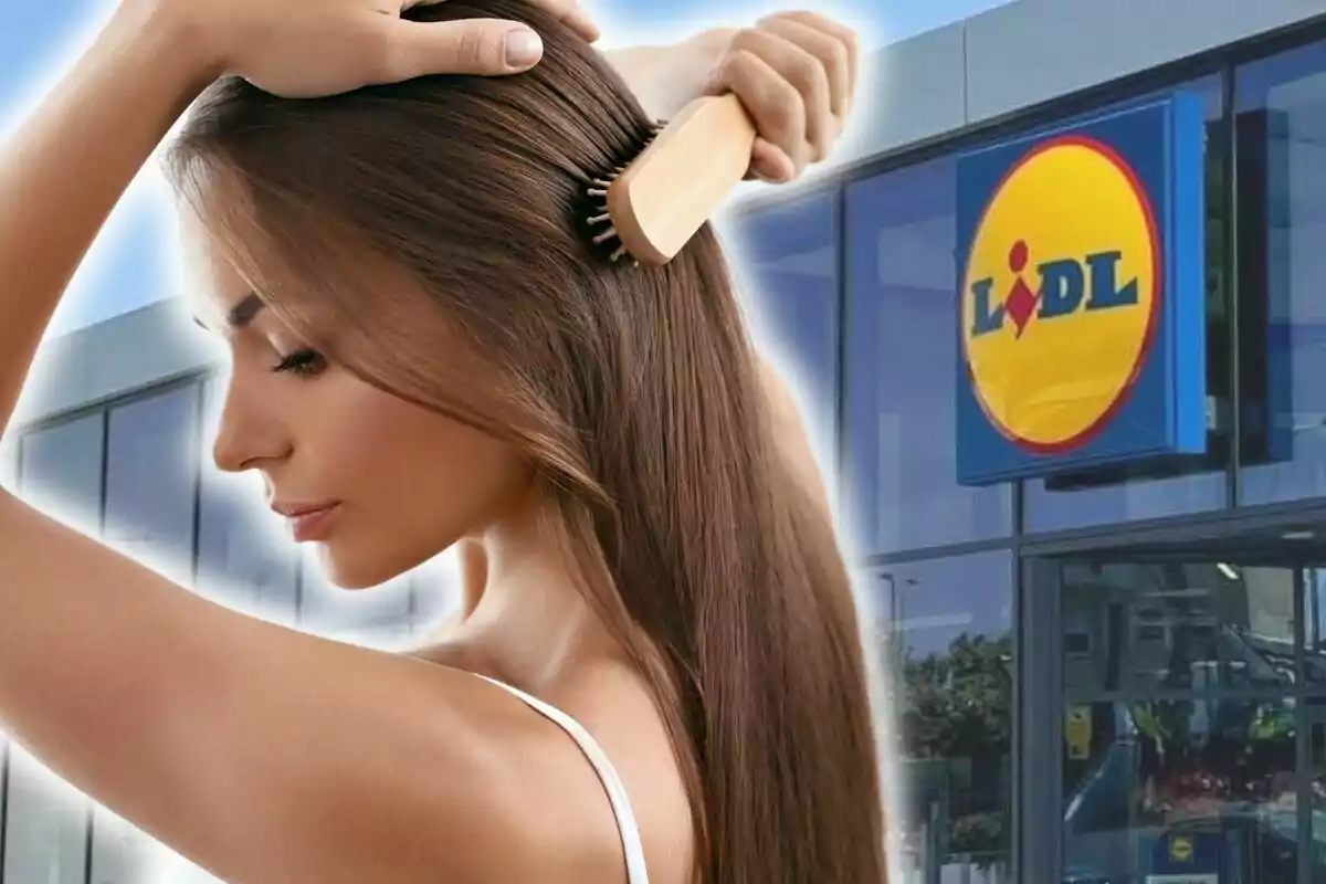 Una dona pentinant-se els cabells amb un raspall davant d'un edifici amb el logotip de Lidl.