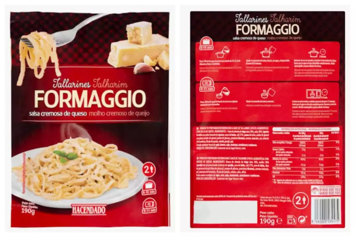 Paquet de tallarines amb salsa cremosa de formatge, marca Hacendado, amb instruccions de preparació i taula nutricional a la part posterior. Paquet de tallarines amb salsa cremosa de formatge, marca Hacendado, amb instruccions de preparació i taula nutricional a la part posterior.