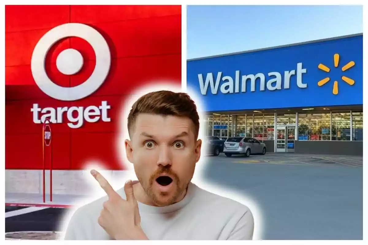 Un hombre sorprendido señala hacia los logotipos de Target y Walmart.