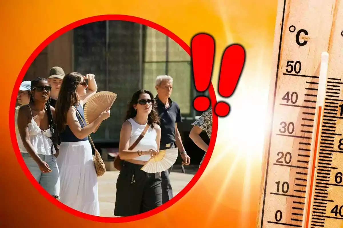 Persones caminant sota el sol fent servir ventalls per refrescar-se al costat d’un termòmetre que marca altes temperatures i dos signes d’exclamació vermells indicant alerta per calor.
