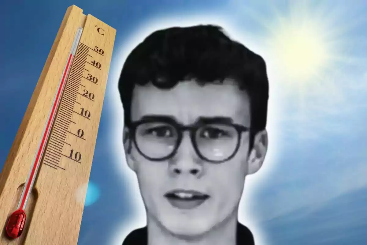 Termòmetre marcant alta temperatura al costat d’una imatge de Jorge Rey amb expressió preocupada i el sol brillant en el cel blau.