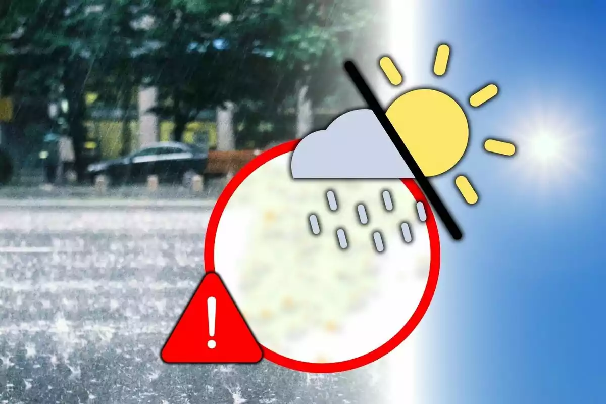 Imagen que muestra un contraste entre clima lluvioso y soleado con un símbolo de advertencia en primer plano. Imagen que muestra un contraste entre clima lluvioso y soleado con un símbolo de advertencia en primer plano.