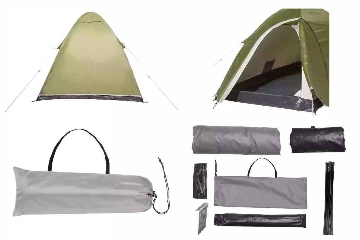 Imatge d'una tenda de campanya verda de Lidl amb la seva estructura muntada i desmuntada, incloent la bossa de transport i els accessoris necessaris per al seu muntatge. Imatge d'una tenda de campanya verda de Lidl amb la seva estructura muntada i desmuntada, incloent la bossa de transport i els accessoris necessaris per al seu muntatge.