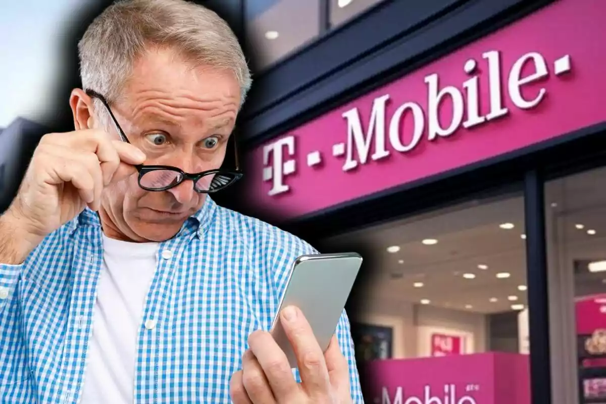 Home gran amb expressió de sorpresa mirant el seu telèfon mòbil davant d’una botiga de T-Mobile. Home gran amb expressió de sorpresa mirant el seu telèfon mòbil davant d’una botiga de T-Mobile.