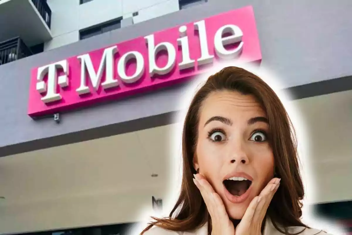 Muntatge de fotos d’una dona sorpresa davant d’una botiga de T-Mobile.
