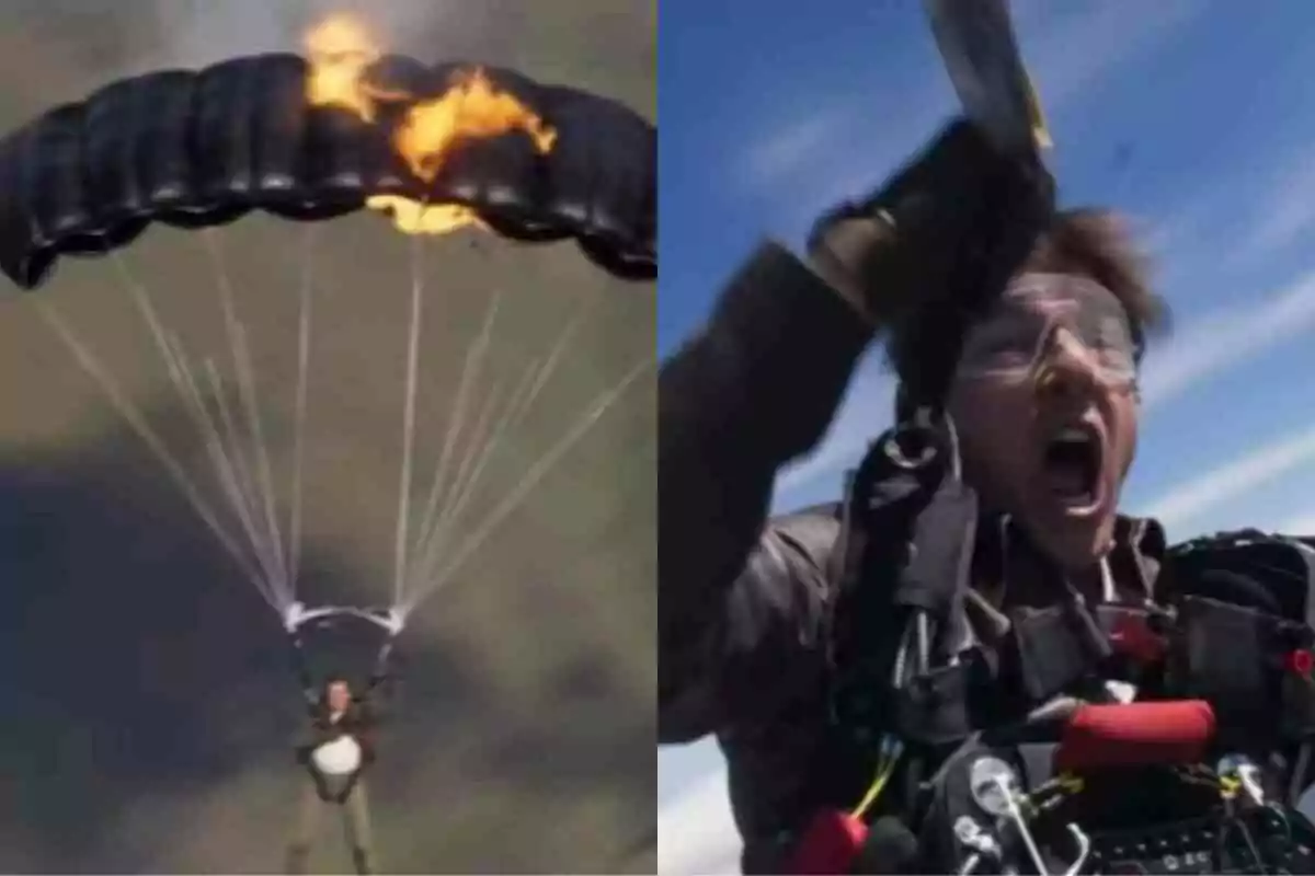 A burning parachute as a person descends and Tom Cruise screaming with a panicked expression during a parachute jump A burning parachute as a person descends and Tom Cruise screaming with a panicked expression during a parachute jump