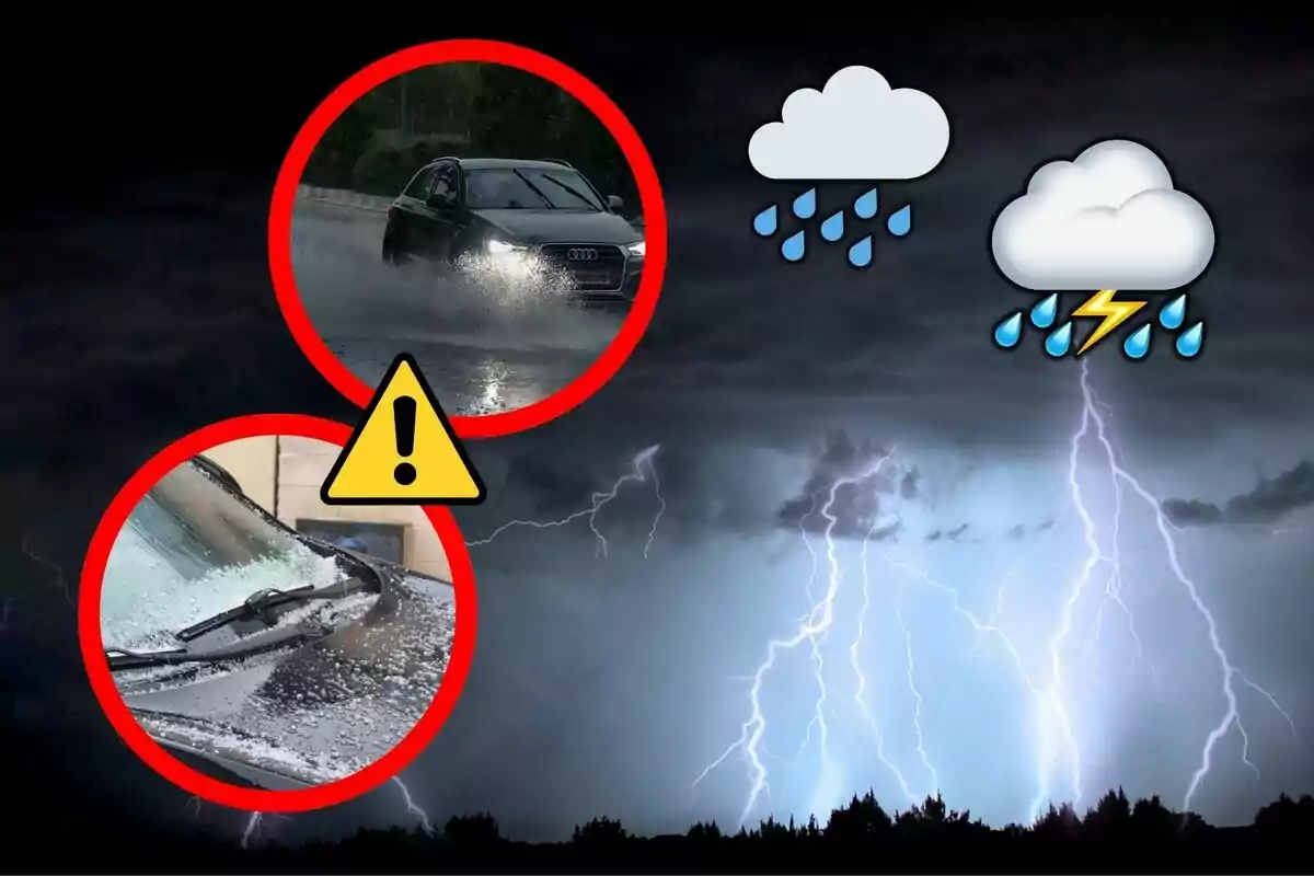 Image of a thunderstorm with lightning in the sky, a car driving in the rain, and a windshield covered in hail, accompanied by icons of clouds with rain and a warning symbol.