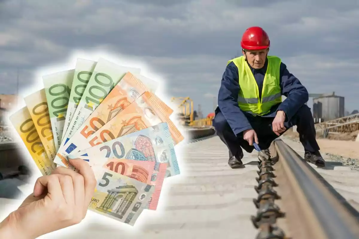 Treballador de la construcció revisant una via de tren mentre una mà sosté bitllets d'euro.