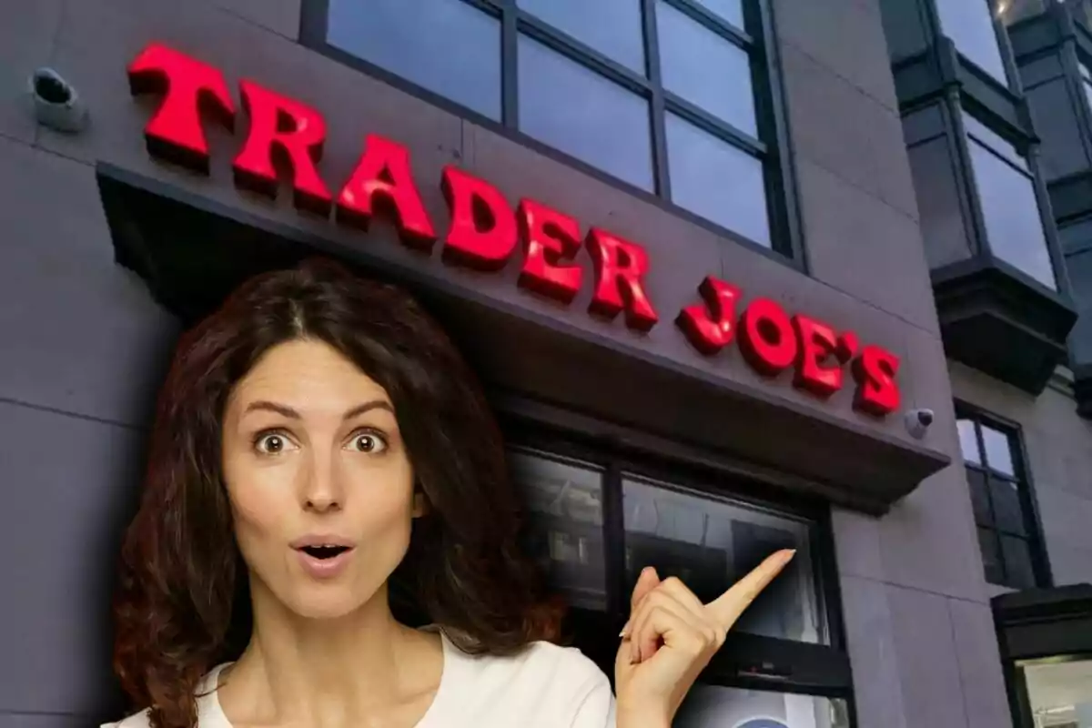 Photo montage of a surprised woman pointing at the illuminated Trader Joe's sign at the entrance of a store.