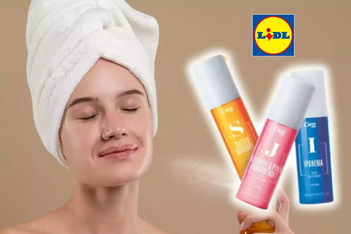 Dona amb una tovallola al cap gaudint de productes de cura corporal de la marca Cien de Lidl sobre fons beix. Dona amb una tovallola al cap gaudint de productes de cura corporal de la marca Cien de Lidl sobre fons beix.