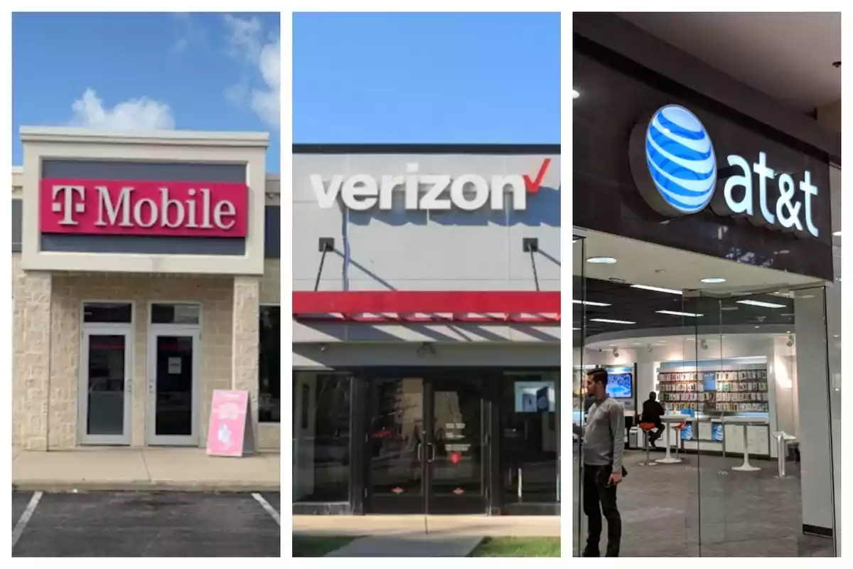 Tres tiendas de compañías de telecomunicaciones: T-Mobile, Verizon y AT&T. Tres tiendas de compañías de telecomunicaciones: T-Mobile, Verizon y AT&T.