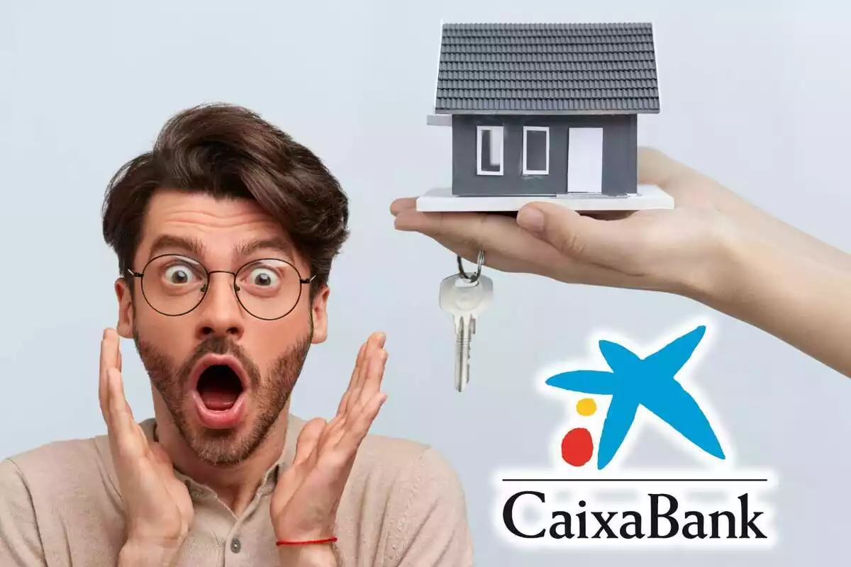 Muntatge de fotos d'una mà sostenint una casa i unes claus sobre un fons gris i al costat el logotip de l'entitat bancària CaixaBank i una persona amb expressió de sorpresa