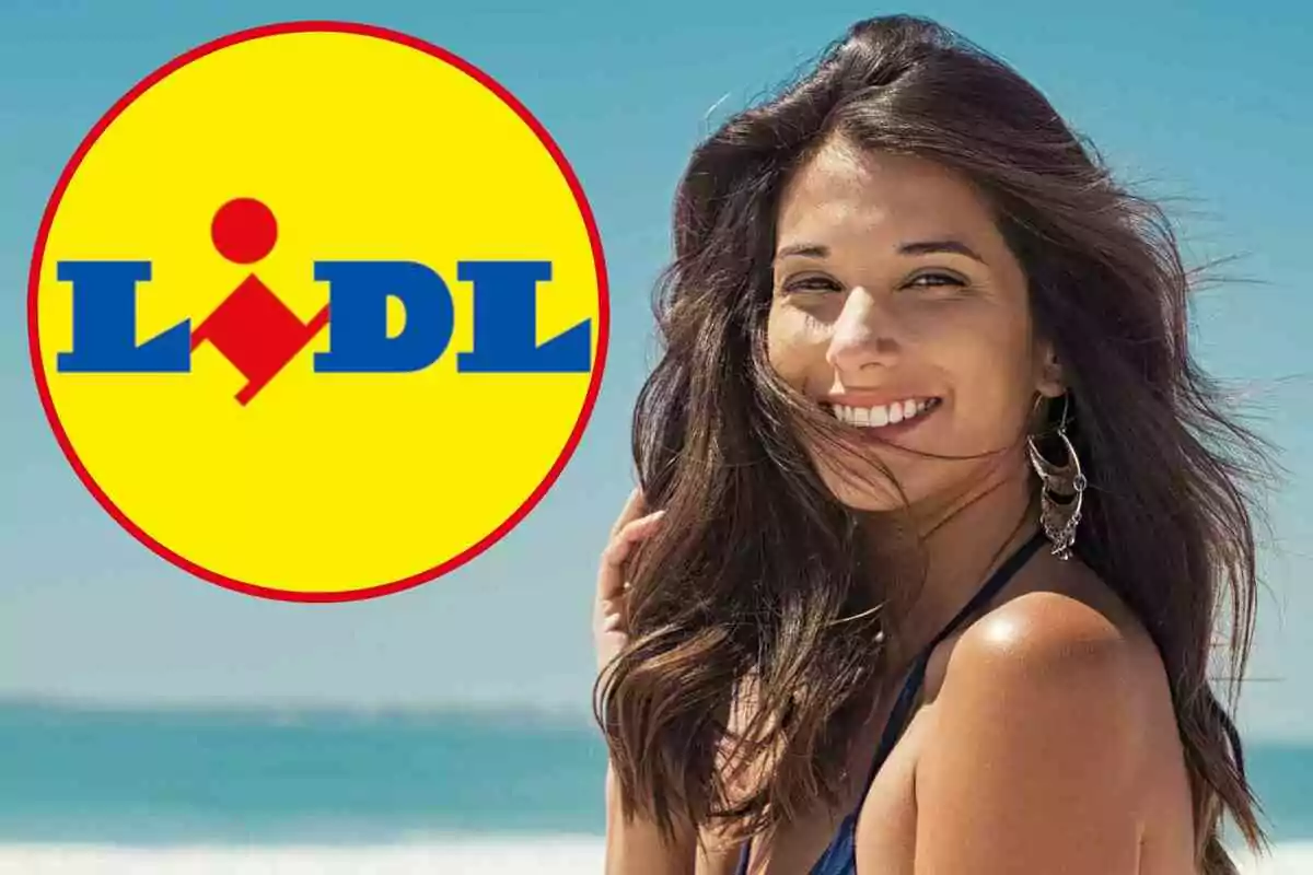 Dona somrient a la platja al costat del logotip de Lidl sobre un fons blau i groc