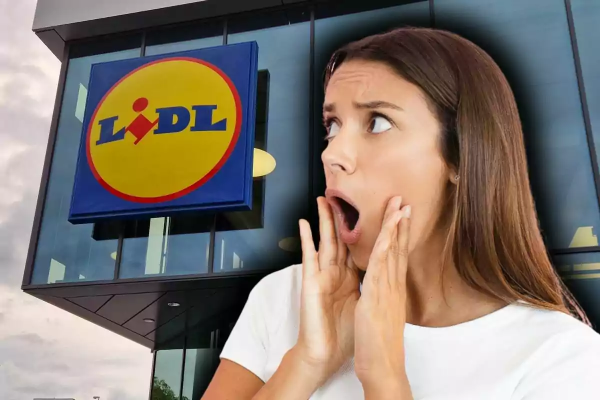 Muntatge de fotos d’una dona amb expressió de sorpresa davant d’una botiga Lidl.