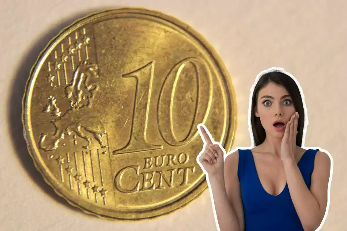 Muntatge de fotos d'una moneda de 10 cèntims i al costat una dona amb rostre de sorpresa Muntatge de fotos d'una moneda de 10 cèntims i al costat una dona amb rostre de sorpresa