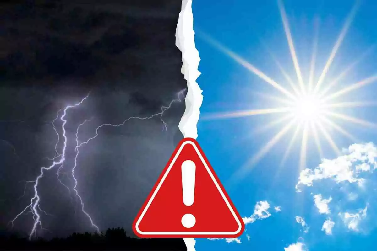 Cel dividit entre tempesta amb llamps i dia assolellat amb un símbol d’advertència al centre
