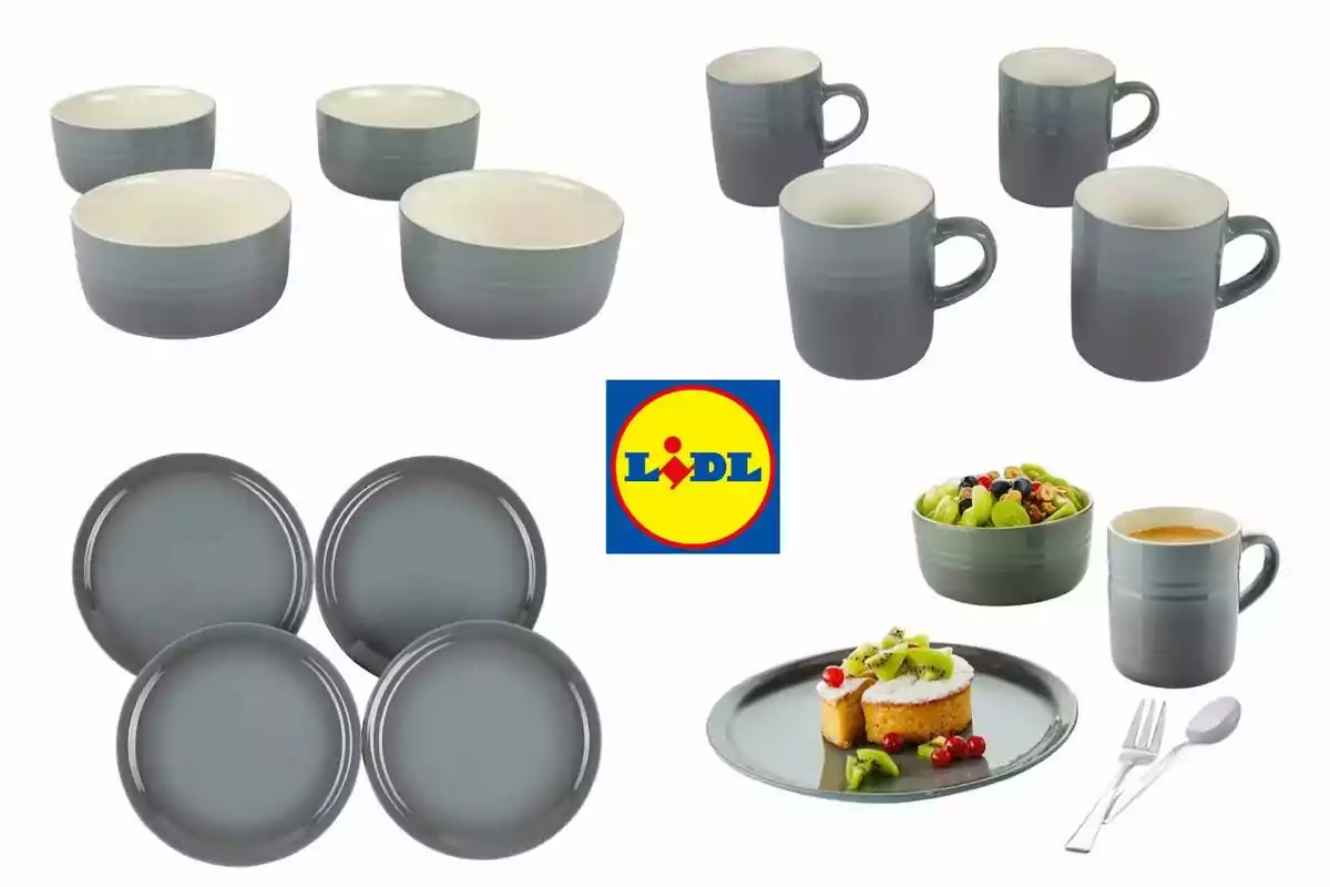 Conjunt de vaixella gris que inclou tasses, plats i bols, amb el logotip de Lidl al centre. Conjunt de vaixella gris que inclou tasses, plats i bols, amb el logotip de Lidl al centre.