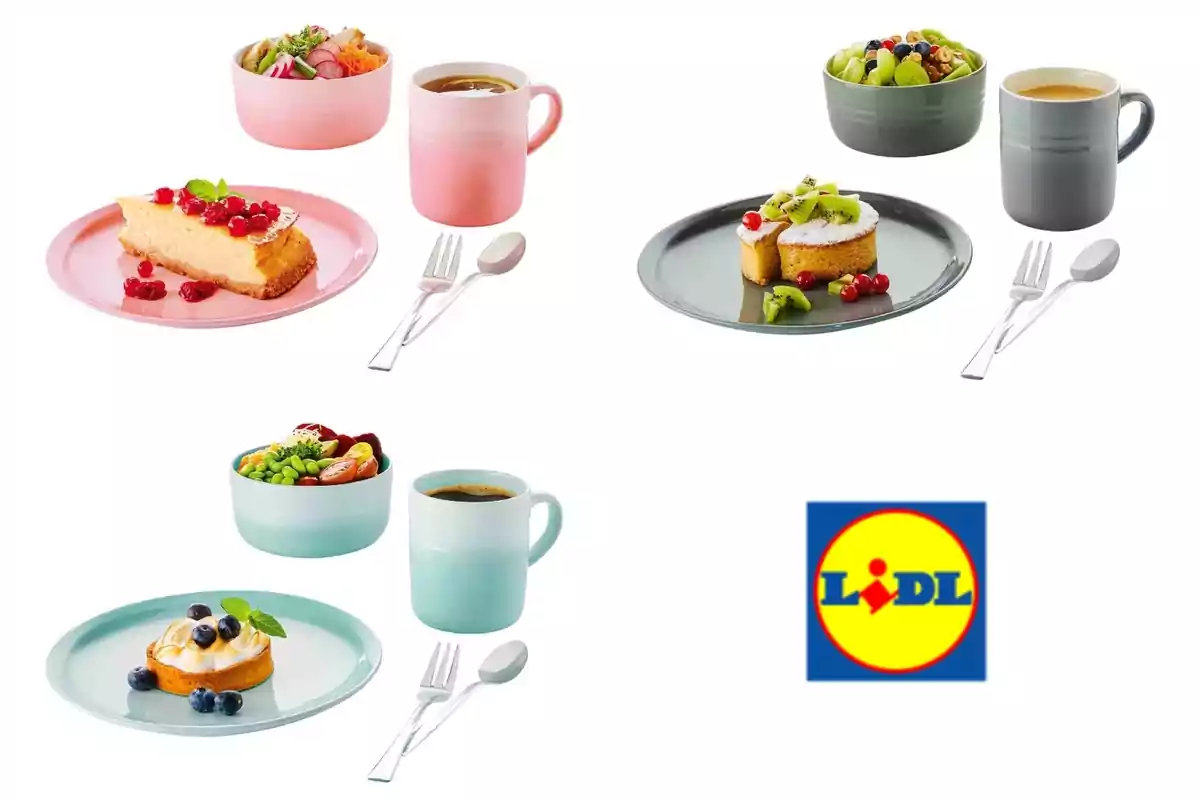 Conjunt de vaixella de colors pastel amb plats, tasses i coberts, acompanyat de postres i amanides, al costat del logotip de Lidl. Conjunt de vaixella de colors pastel amb plats, tasses i coberts, acompanyat de postres i amanides, al costat del logotip de Lidl.