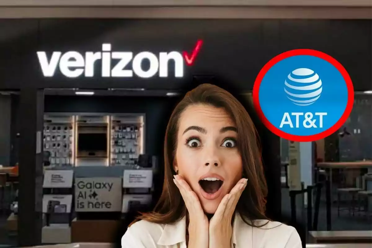 Una dona amb expressió de sorpresa està davant d'una botiga de Verizon, mentre el logotip d'AT&T apareix a la cantonada superior dreta.