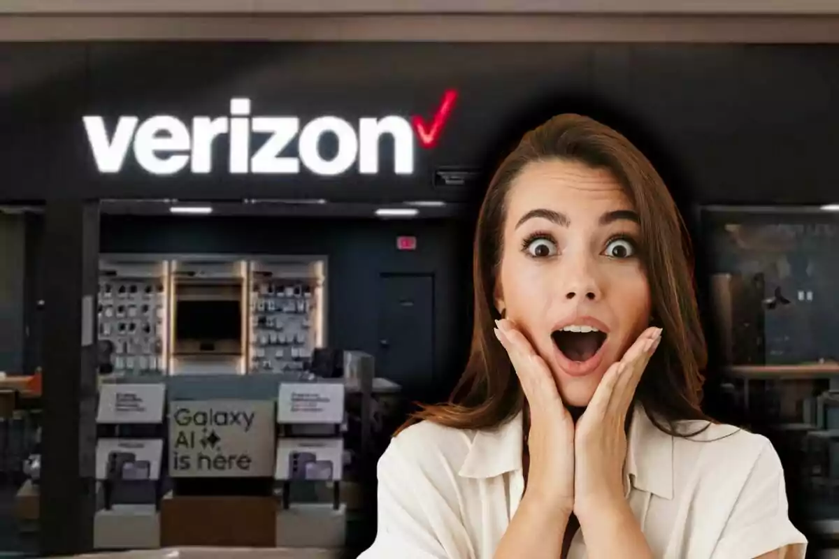 Woman surprised in front of a Verizon store.