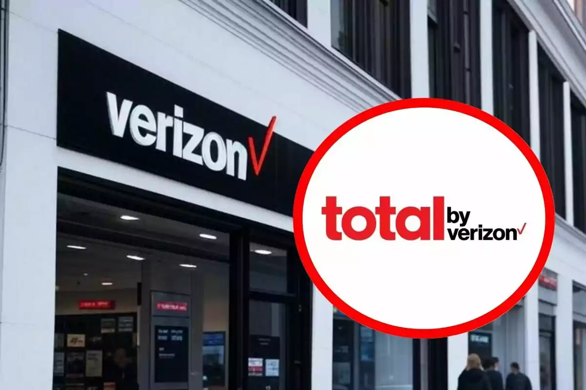 Fachada de una tienda de Verizon con un logotipo de Fachada de una tienda de Verizon con un logotipo de