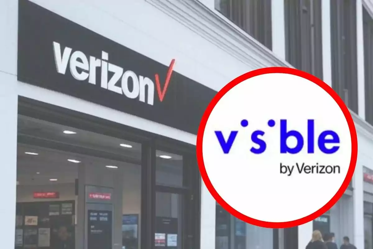 A Verizon store with a Visible logo overlaid on a red circle. A Verizon store with a Visible logo overlaid on a red circle.