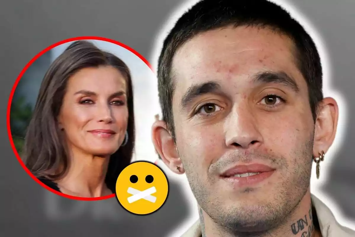 Primer pla de Víctor Elías amb un pendent a l'orella i un tatuatge al coll, amb la imatge de Letizia Ortiz en un cercle vermell al fons i un emoji de cara amb la boca tapada al centre.