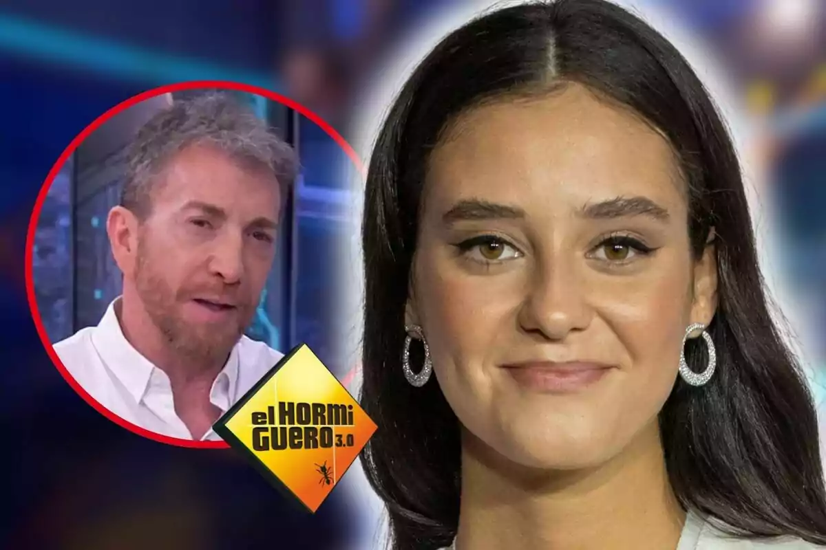 Primer pla de Victòria Federica de Marichalar amb cabell fosc i anells brillants, al costat d'una imatge circular de Pablo Motos amb barba i el logotip del programa "El Hormiguero 3.0".