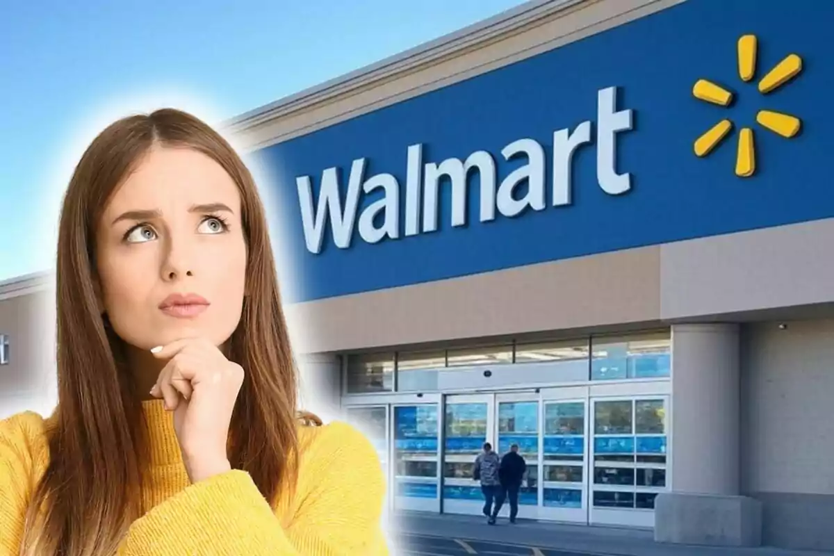 Mujer pensativa frente a una tienda de Walmart.