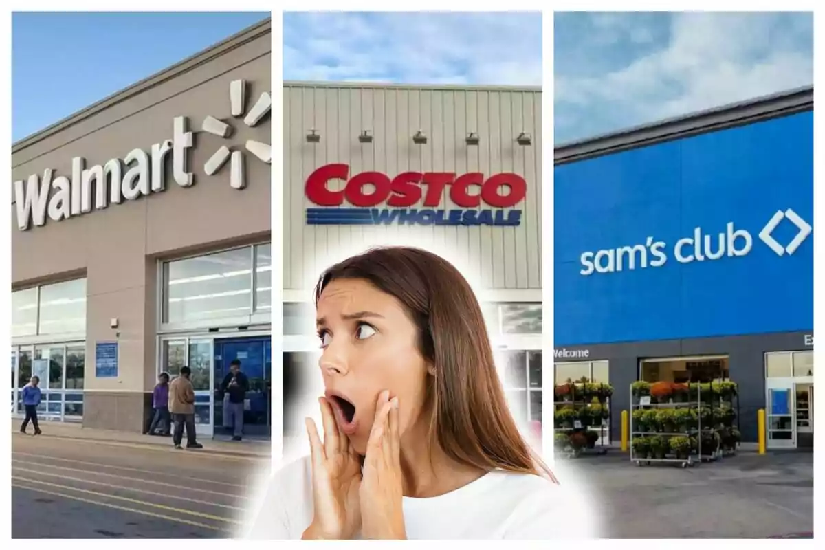 Una mujer sorprendida frente a las fachadas de Walmart, Costco y Sam's Club.