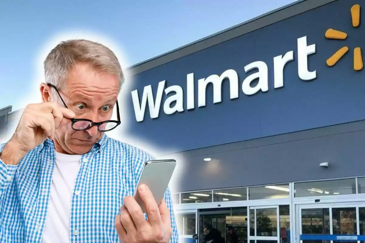A man with a surprised expression looks at his phone in front of a Walmart store.