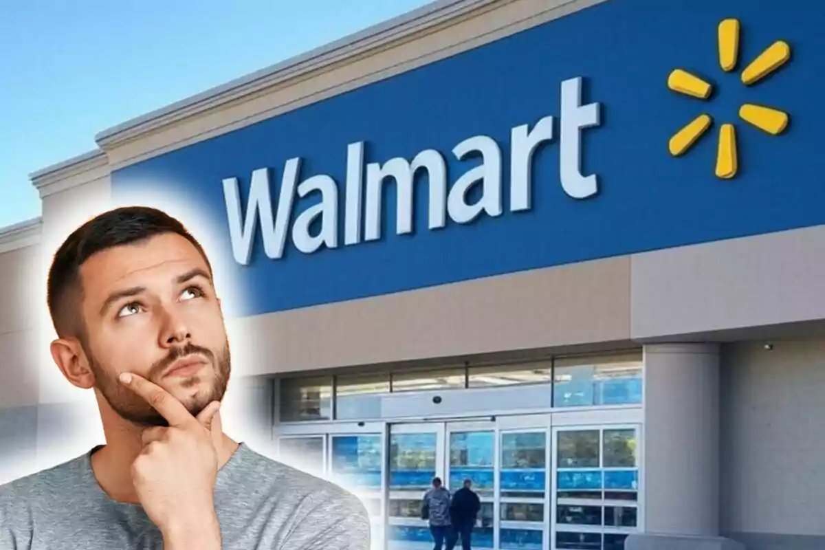 Home pensatiu davant de l'entrada d'una botiga Walmart.