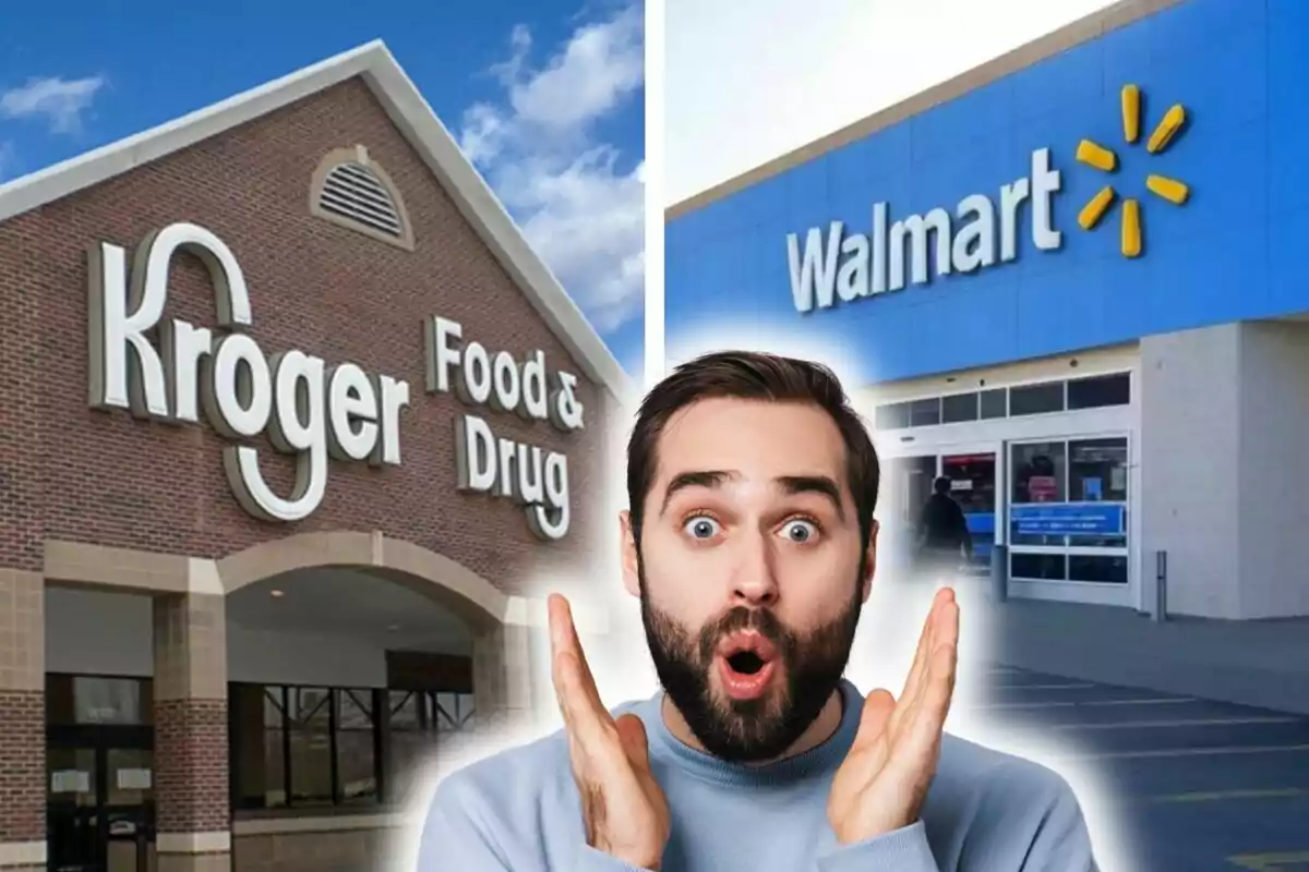 Un home amb expressió de sorpresa està davant de les façanes de dues botigues, una de Kroger i una altra de Walmart.