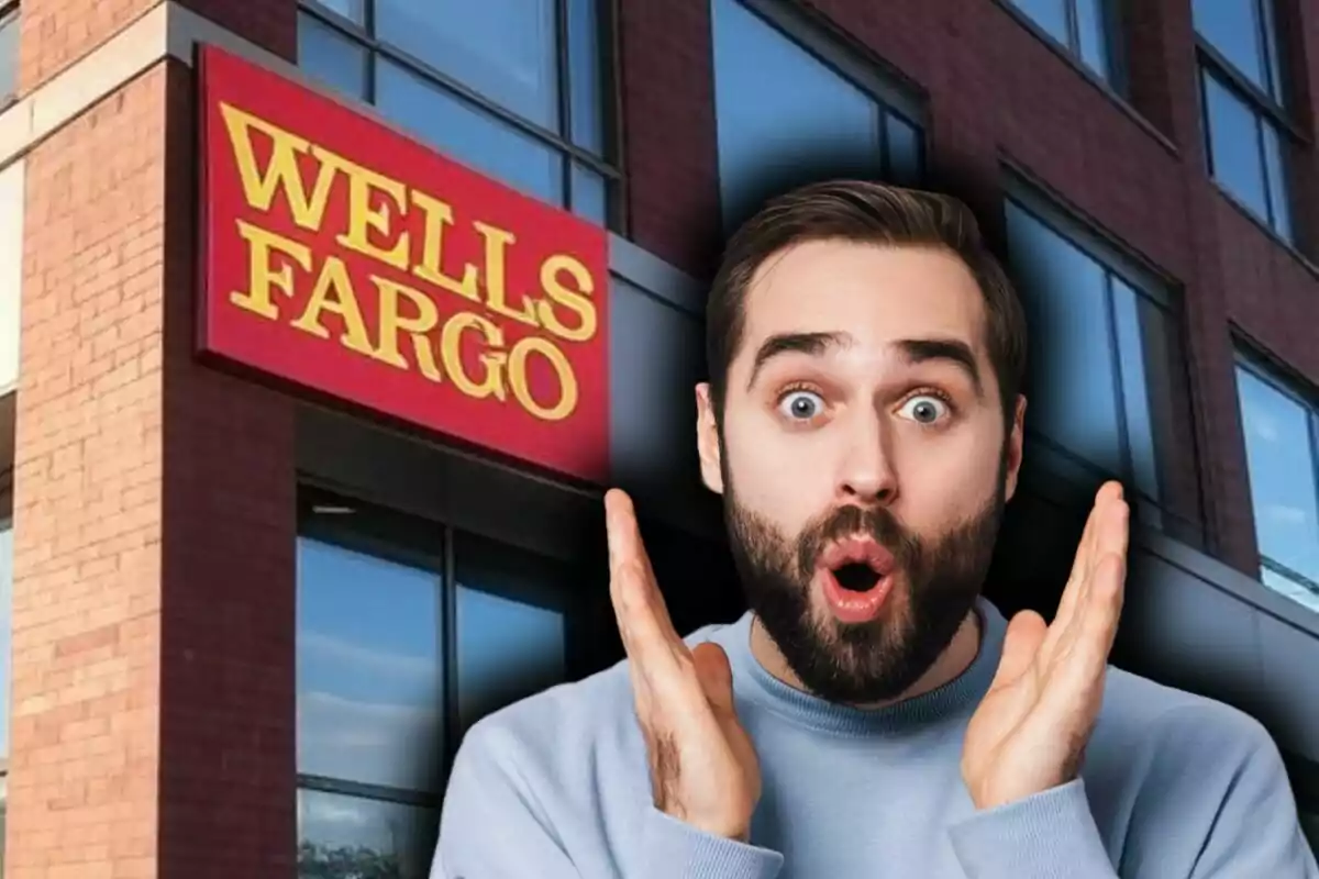A man with a surprised expression in front of a building with the Wells Fargo logo. A man with a surprised expression in front of a building with the Wells Fargo logo.