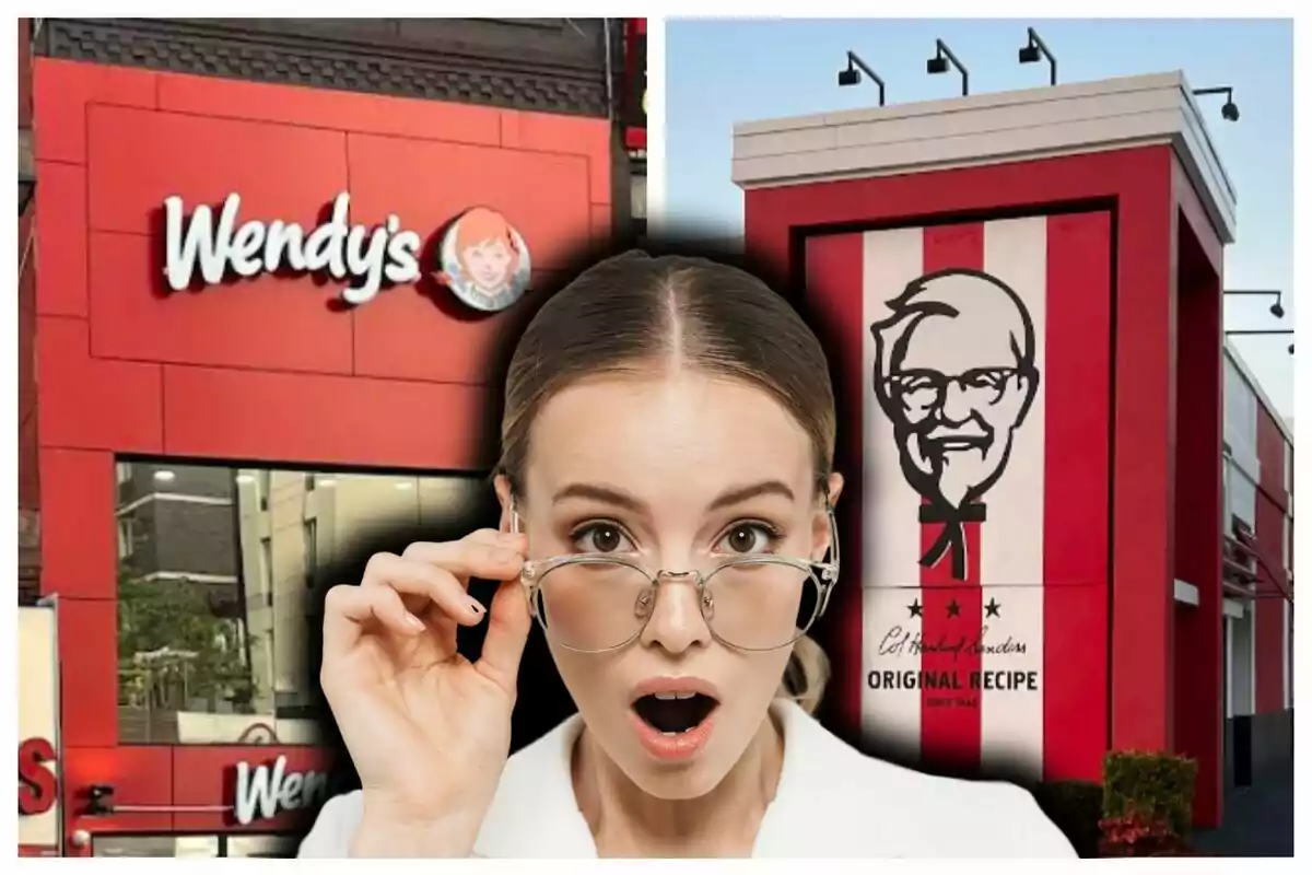 A woman with a surprised expression holds her glasses in front of Wendy's and KFC restaurants.