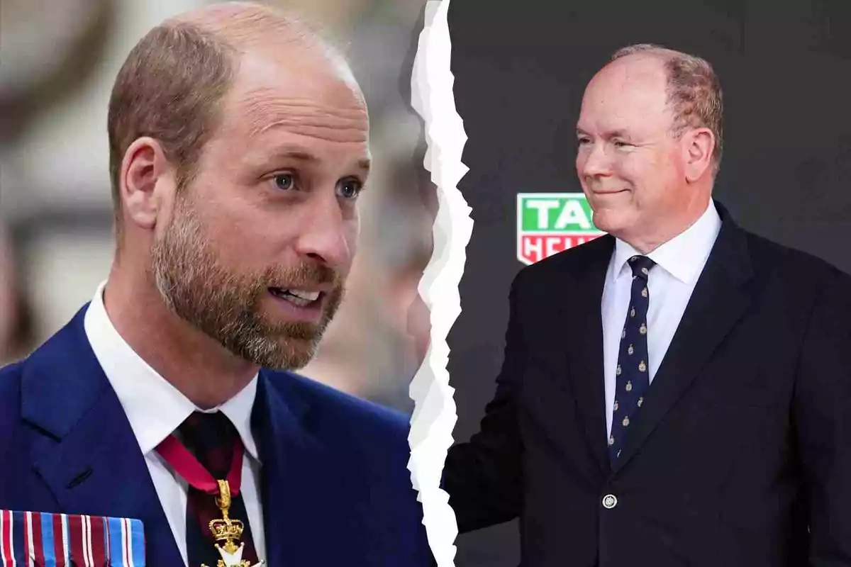 Albert of Monaco and Prince William dressed in suits appear in the image, separated by a torn visual effect in the center; William is wearing medals and Albert is smiling against a dark background. Albert of Monaco and Prince William dressed in suits appear in the image, separated by a torn visual effect in the center; William is wearing medals and Albert is smiling against a dark background.