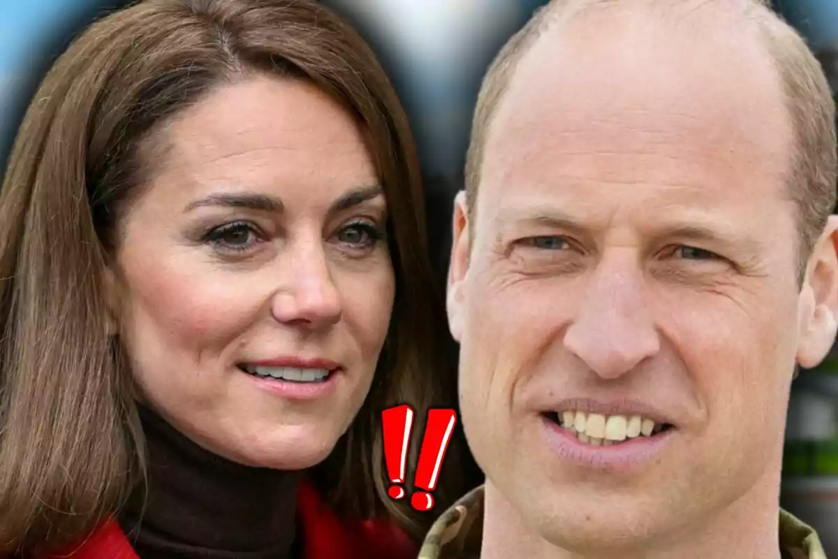 Primer pla del príncep Guillem i Kate Middleton, tots dos amb el rostre mig somrient i mirant cap endavant amb un símbol d'exclamació vermell entre ells.