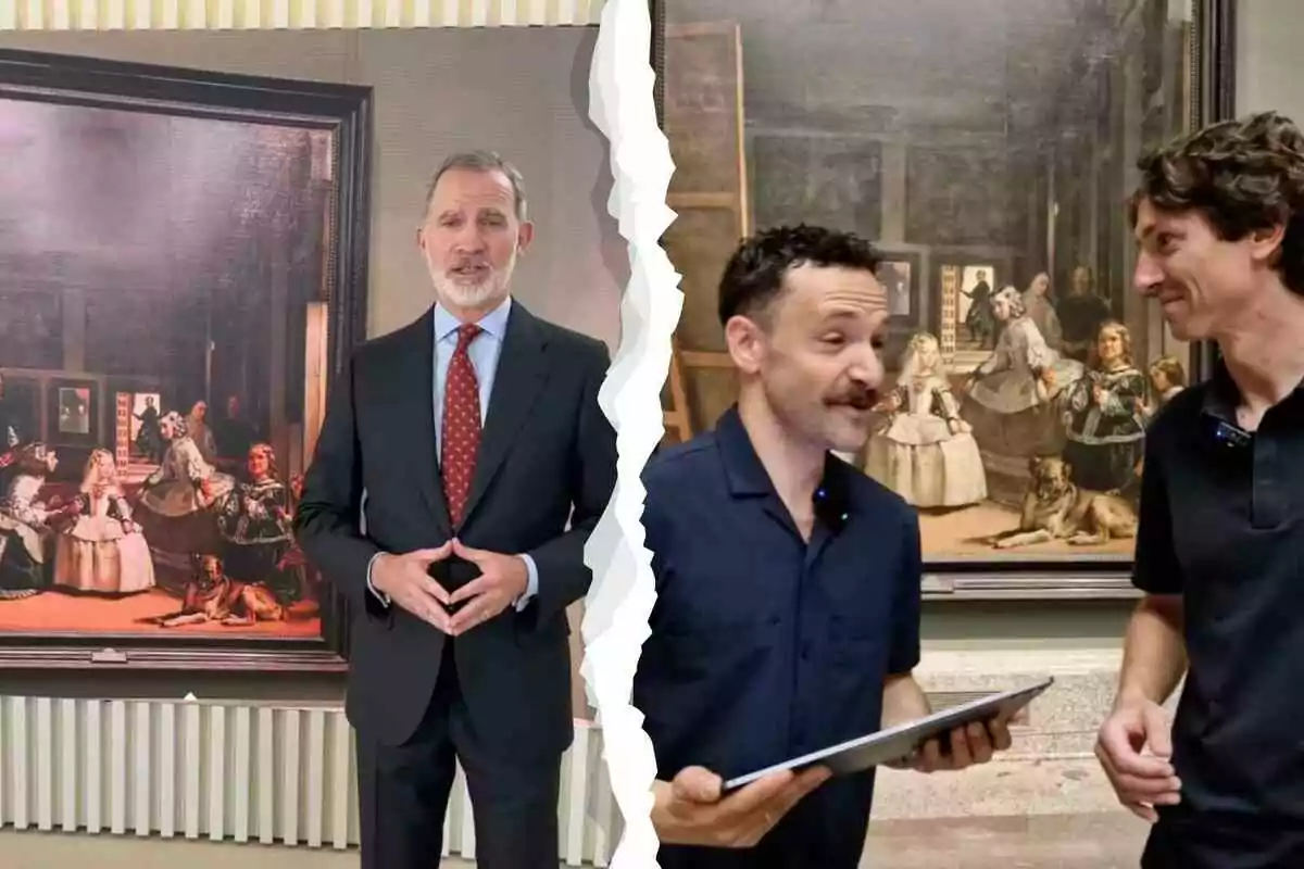 Dos homes i el rei Felip VI posen en dos escenaris diferents davant del famós quadre Les Menines de Velázquez, separats per un efecte visual d’esquinçat al centre de la imatge. Dos homes i el rei Felip VI posen en dos escenaris diferents davant del famós quadre Les Menines de Velázquez, separats per un efecte visual d’esquinçat al centre de la imatge.