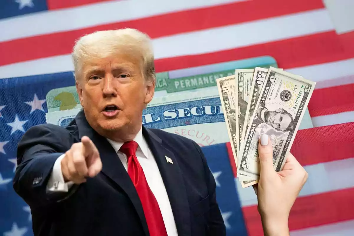 Man in a suit pointing forward with a background of the United States flag, Social Security cards, and a hand holding dollar bills Man in a suit pointing forward with a background of the United States flag, Social Security cards, and a hand holding dollar bills