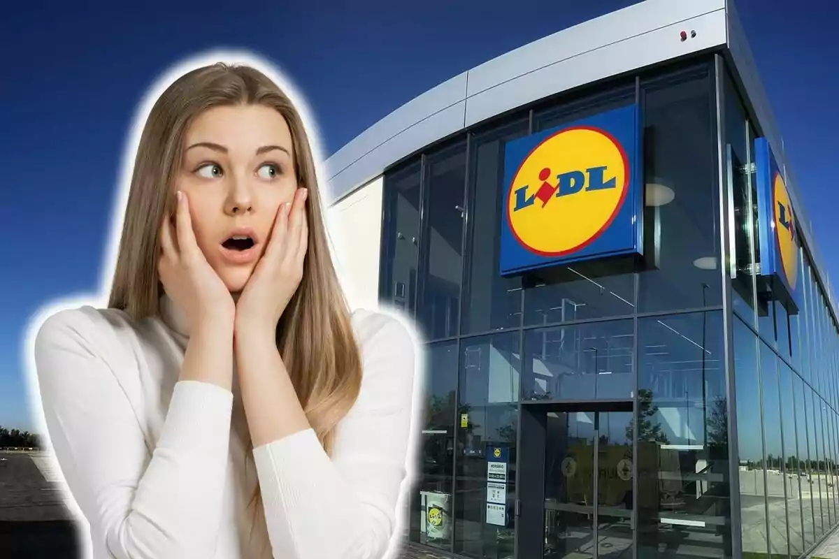 Una dona amb expressió de sorpresa davant una botiga Lidl.