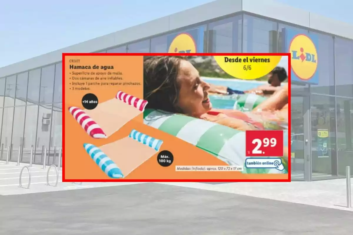 Promoció d’hamaca d’aigua a Lidl amb imatge d’una dona utilitzant una hamaca inflable a la piscina, disponible en diversos colors i preu de 2,99 euros. Promoció d’hamaca d’aigua a Lidl amb imatge d’una dona utilitzant una hamaca inflable a la piscina, disponible en diversos colors i preu de 2,99 euros.