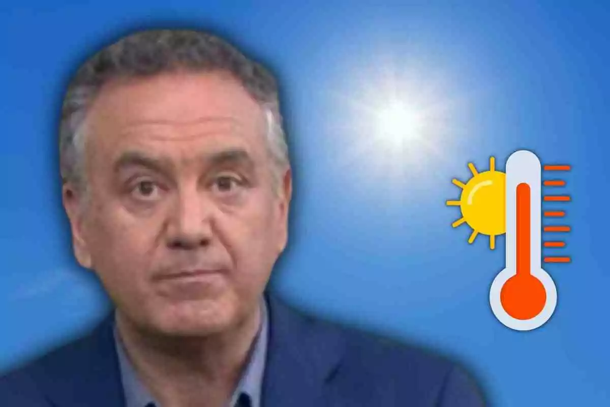 Roberto Brasero amb cabells canosos amb expressió seriosa sobre un fons blau, al costat d’un sol brillant i una icona de termòmetre que indica altes temperatures Roberto Brasero amb cabells canosos amb expressió seriosa sobre un fons blau, al costat d’un sol brillant i una icona de termòmetre que indica altes temperatures