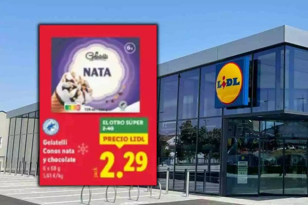 Oferta de cucurutxos de nata i xocolata de la marca Gelatelli en un cartell promocional davant d’una botiga Lidl Oferta de cucurutxos de nata i xocolata de la marca Gelatelli en un cartell promocional davant d’una botiga Lidl