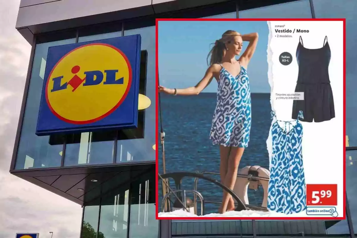 Façana d’una botiga Lidl amb un cartell publicitari de roba d’estiu per a dona i el preu destacat Façana d’una botiga Lidl amb un cartell publicitari de roba d’estiu per a dona i el preu destacat