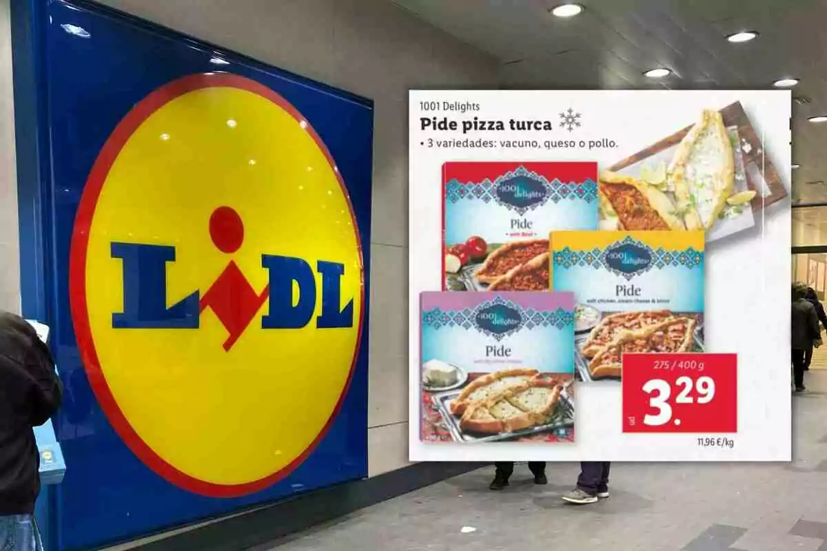 Entrada de una tienda Lidl con un cartel promocional de pide turca en diferentes variedades y precio destacado Entrada de una tienda Lidl con un cartel promocional de pide turca en diferentes variedades y precio destacado