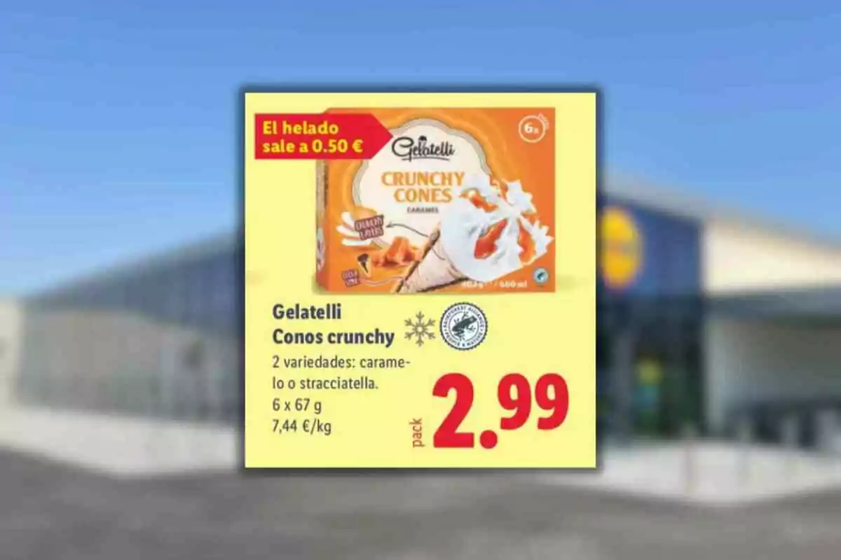 Oferta de cons de gelat Gelatelli crunchy en un supermercat amb un preu de 2,99 euros per paquet de sis unitats